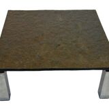 Vintage Square coffee table with slat stone top and chromed steel base - 1960s