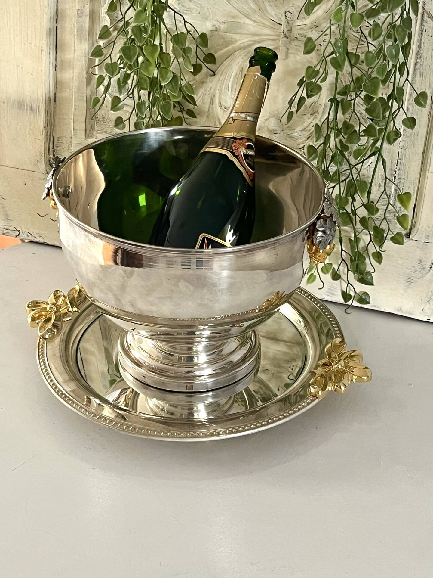 Silver Plated Grape Ice Bucket with Pedestal Tray, French ice bucket