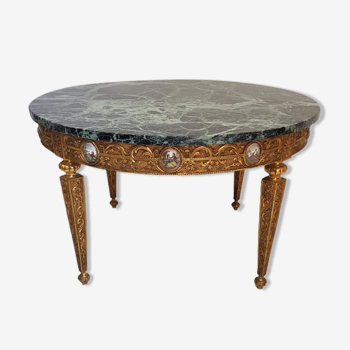 Coffee table louis XVI style green marble and porcelain medallion