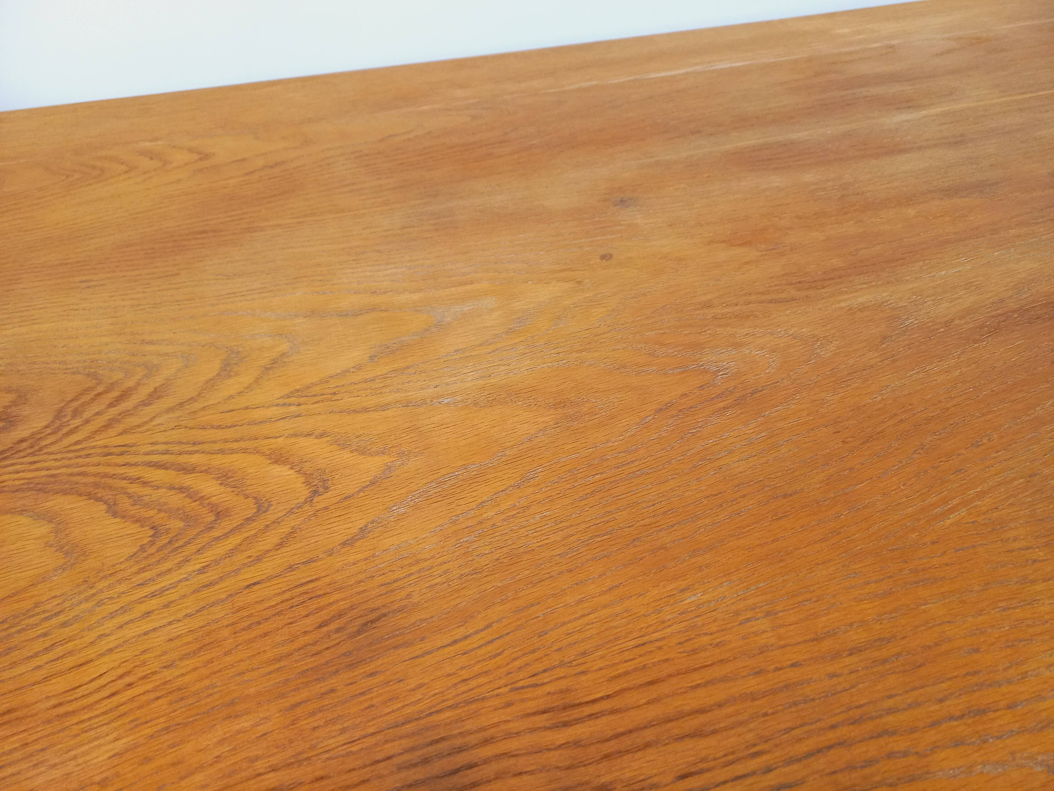 Large vintage brutalist rectangular table made of solid oak wood.