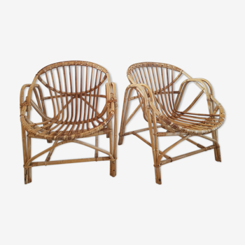 PAIRE OF CORBEILLE FAUTEUILS IN VINTAGE ROTIN