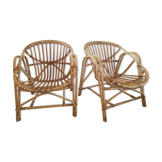 PAIRE OF CORBEILLE FAUTEUILS IN VINTAGE ROTIN