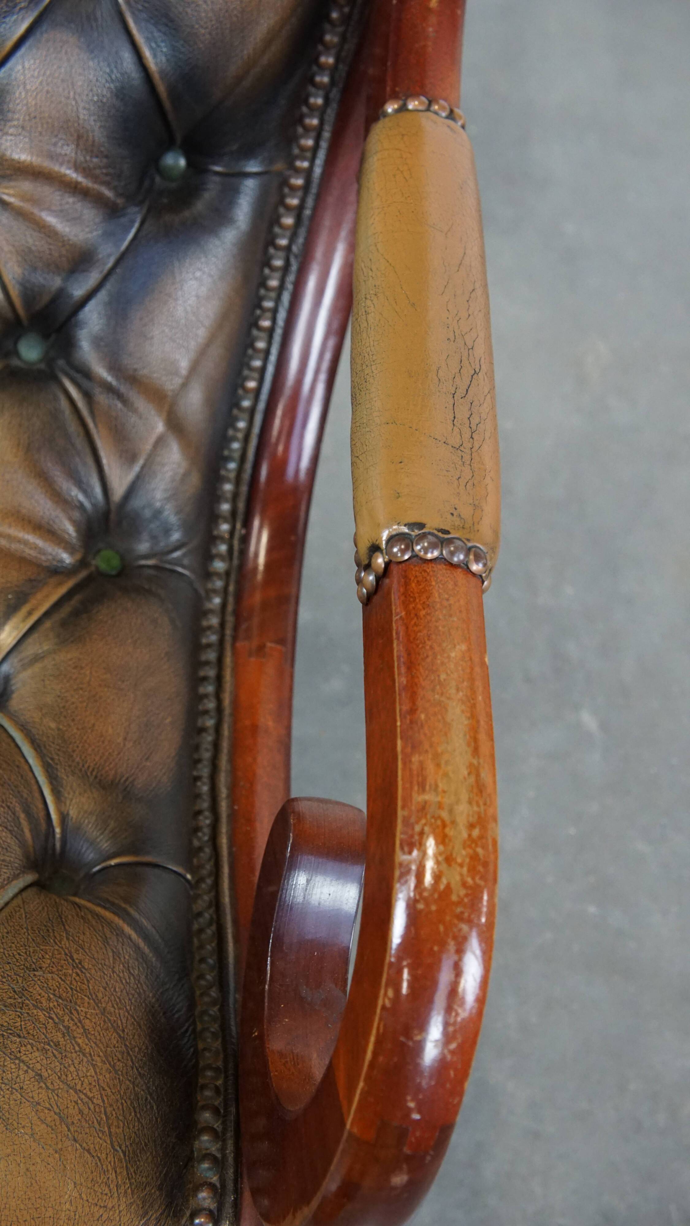 Green Vintage Leather English Chesterfield Armchair Combined with Wood