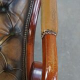 Green Vintage Leather English Chesterfield Armchair Combined with Wood