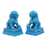 Large Temple Lion Statues Foo Dogs Blue Porcelain 25cm