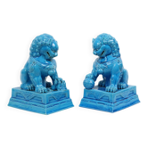 Large Temple Lion Statues Foo Dogs Blue Porcelain 25cm