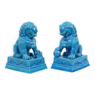 Large Temple Lion Statues Foo Dogs Blue Porcelain 25cm