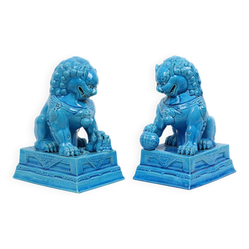 Statues de lions de temple en porcelaine bleue Foo Dogs 25 cm