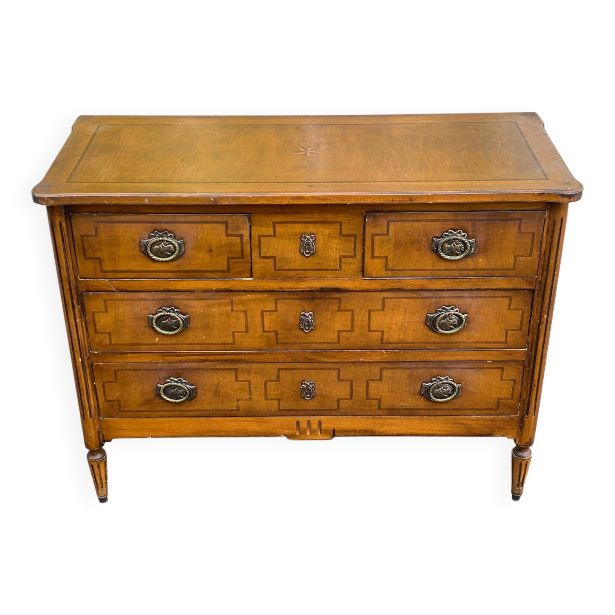 Commode Louis XVI en marqueterie et placage d'amarante/merisier 1950