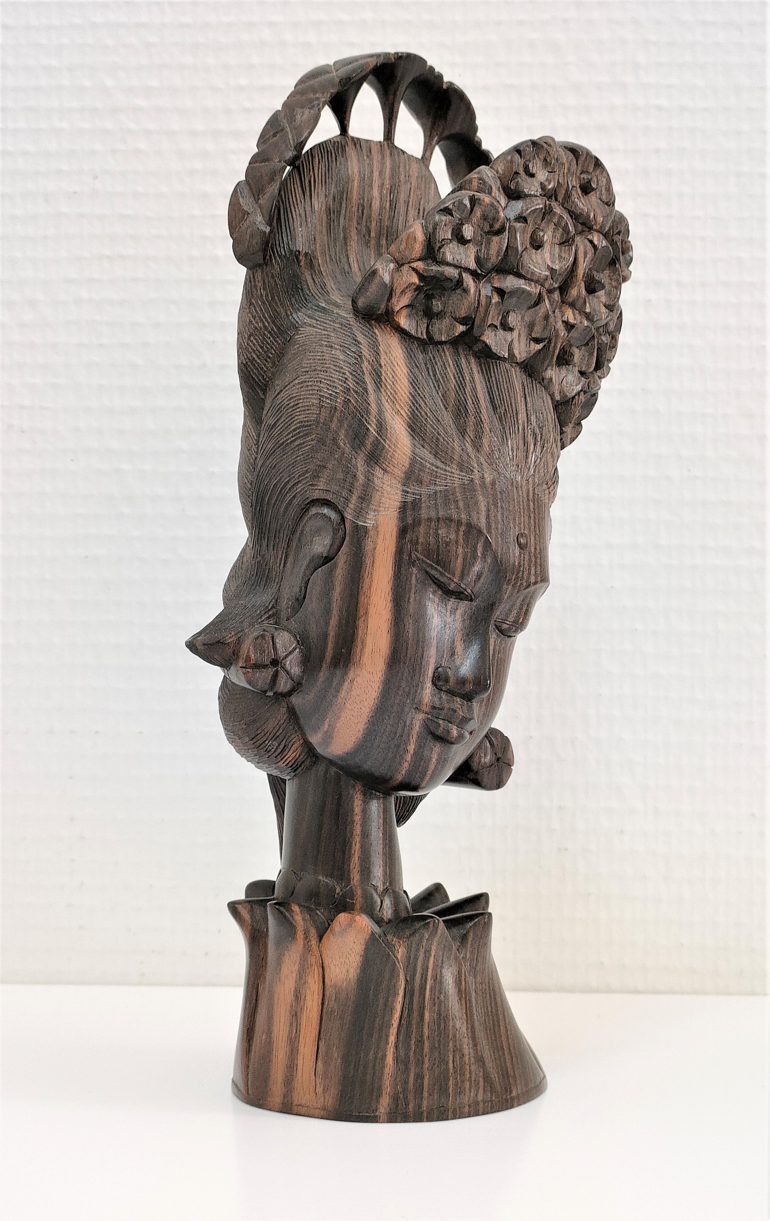 Wooden bust of woman with floral headdress sculptural work of the 60s-70s