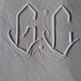 Drap ancien métis monogrammé GC style art déco  205x326 cm