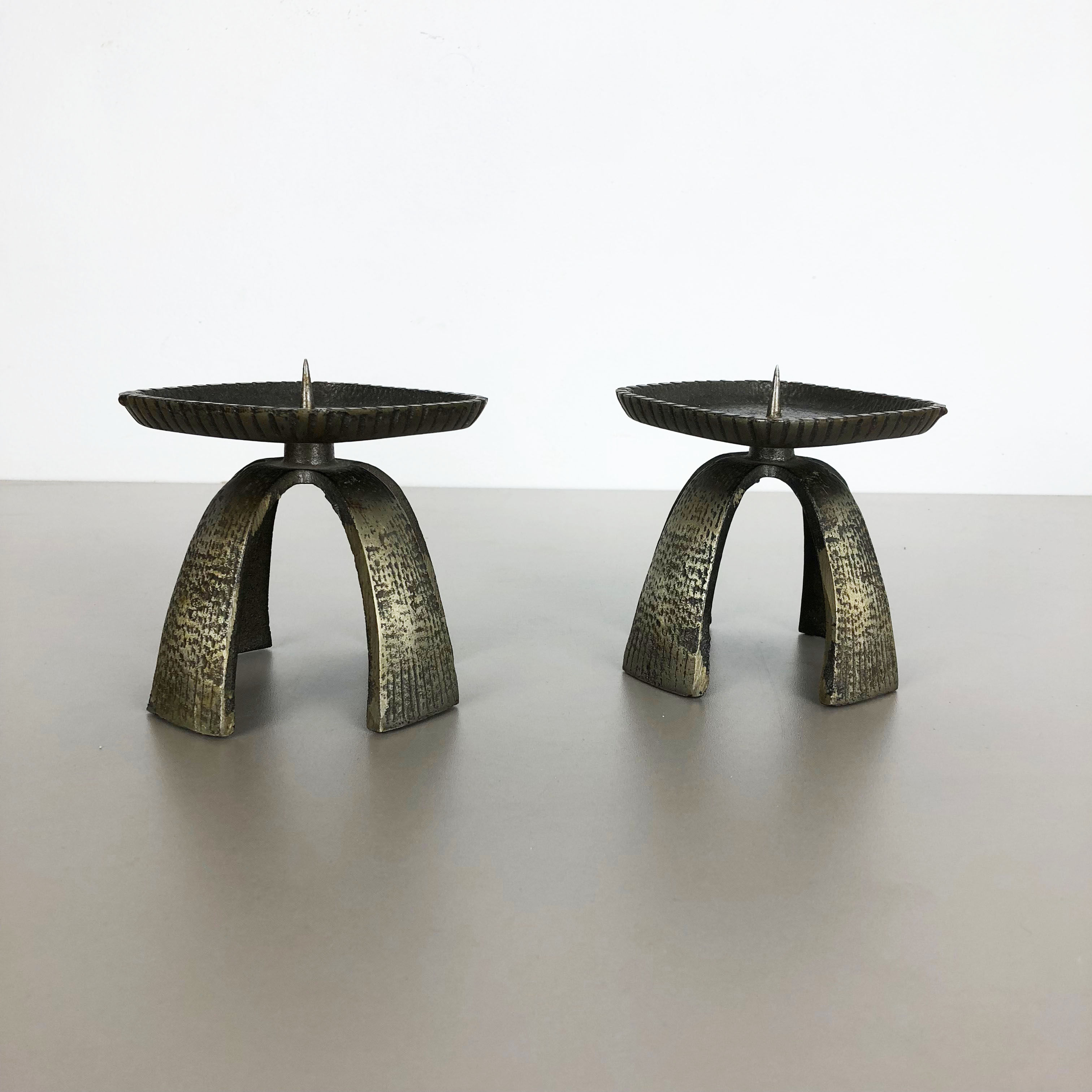 Set of 2 Modernist Vintage 1970s Sculptural Brutalist Metal Candleholder, France