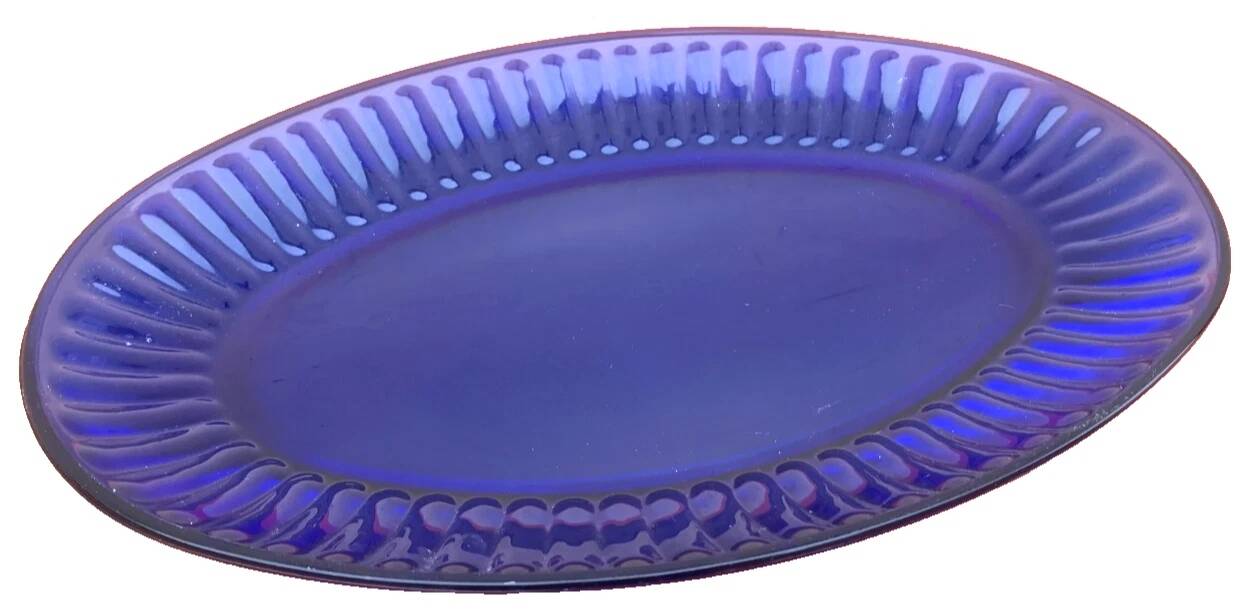 1970s oval serving dish in transparent cobalt blue glass