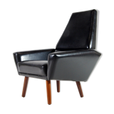 Fauteuil de salon danois en teck et faux cuir années 60