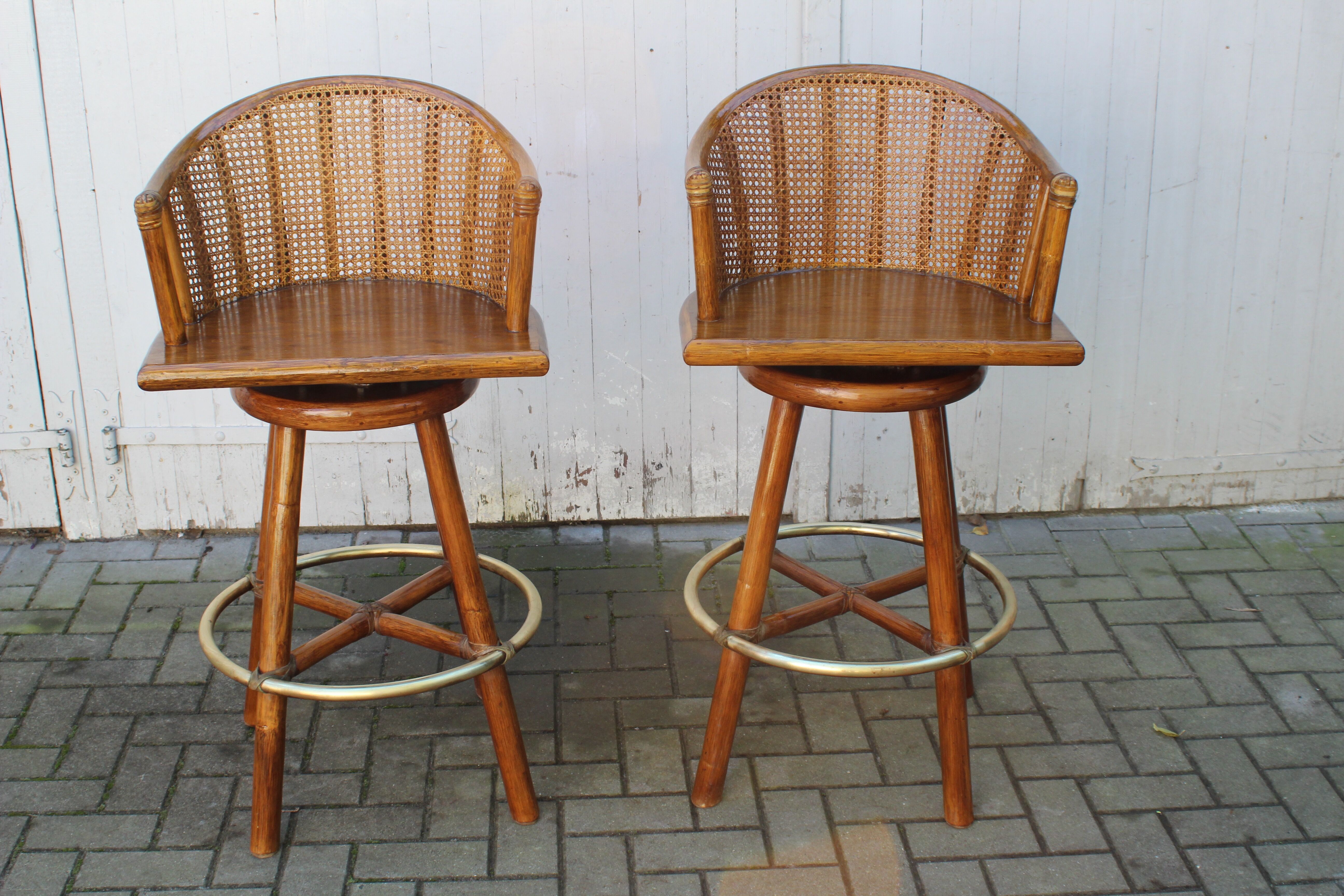 Pair of bamboo bar stools full canned colonial style 1960