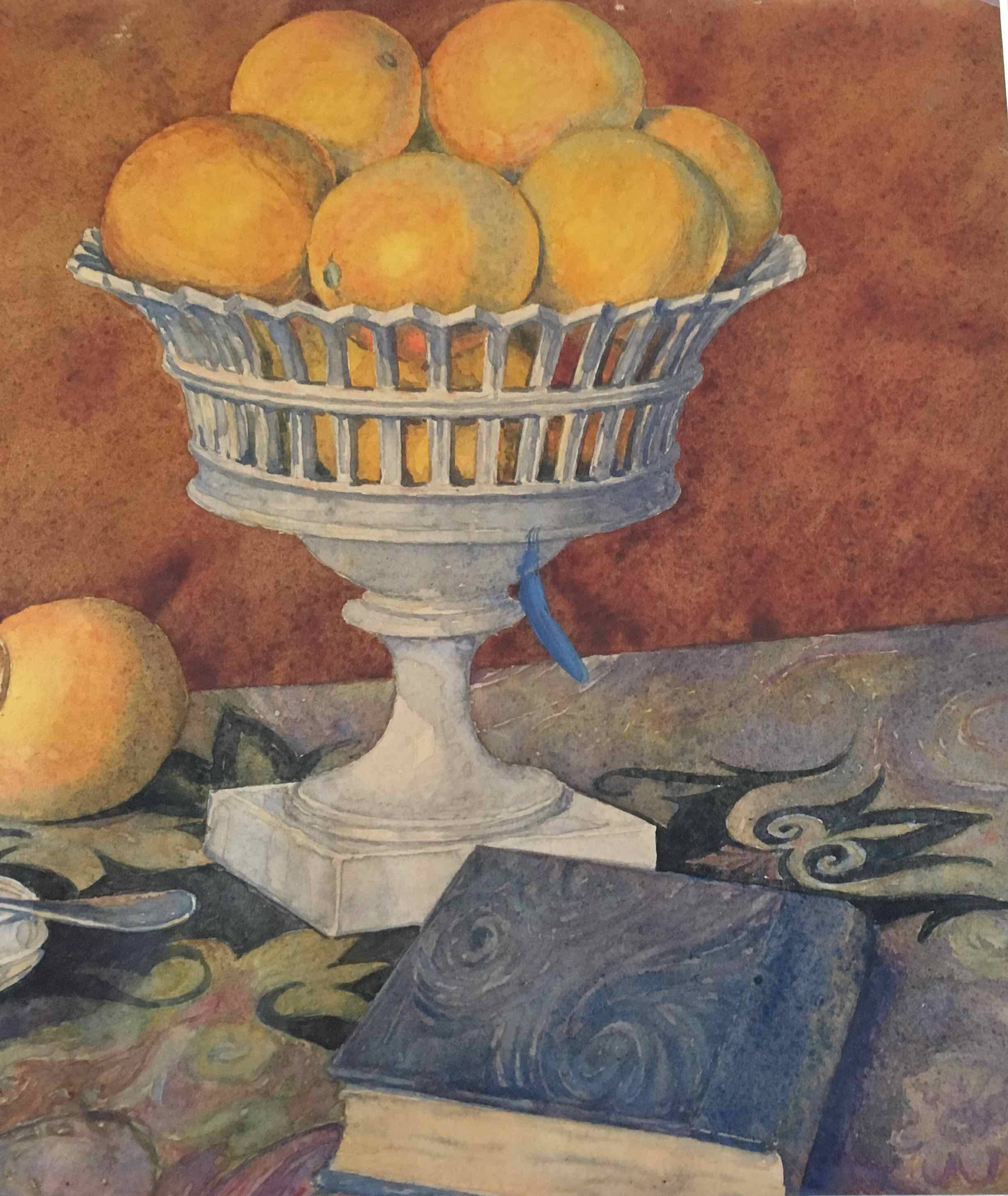 Old watercolor painting with oranges