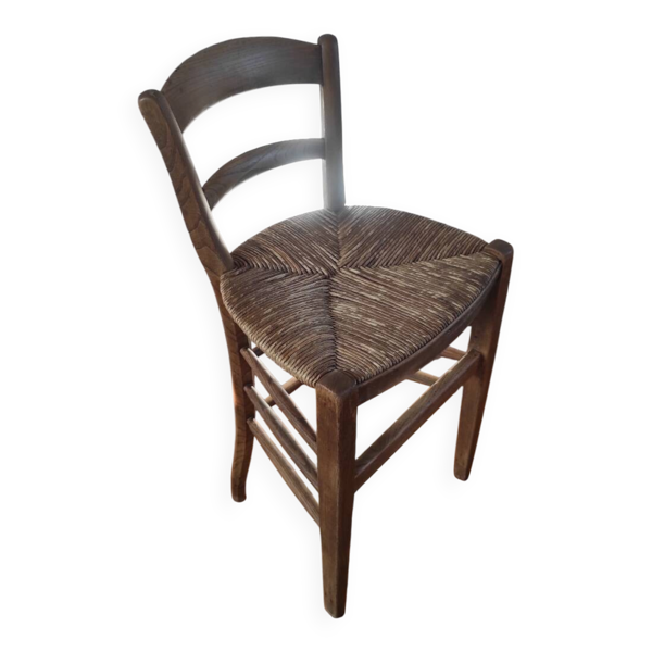 Tabouret de bar vintage en bois et paille — Style Brutaliste / Perrian
