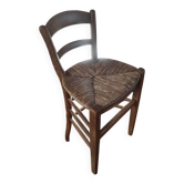 Tabouret de bar vintage en bois et paille — Style Brutaliste / Perrian