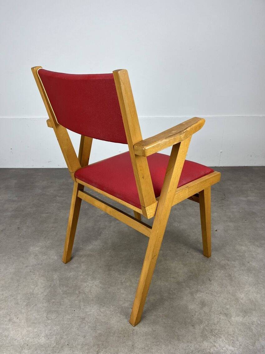 1950s bridge armchair, wood and red imitation leather