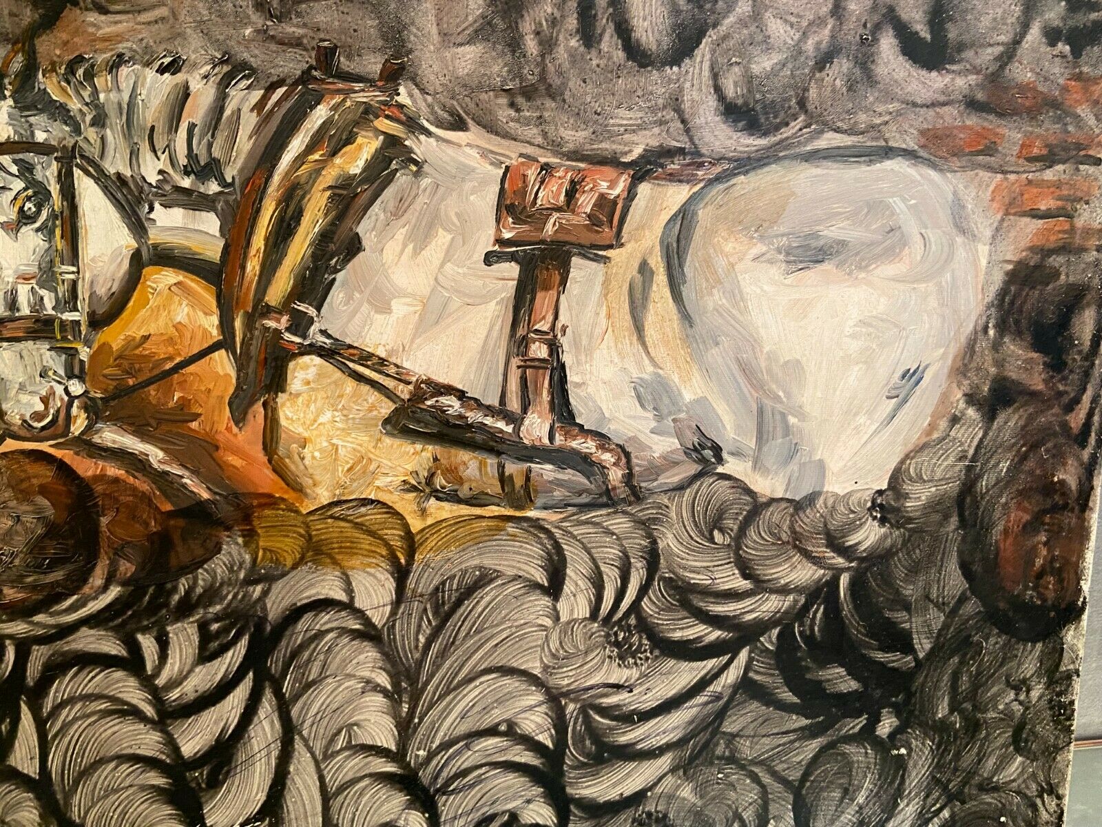 Oil painting on canvas with draft horses signed Ortega 86