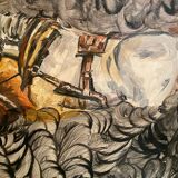 Oil painting on canvas with draft horses signed Ortega 86