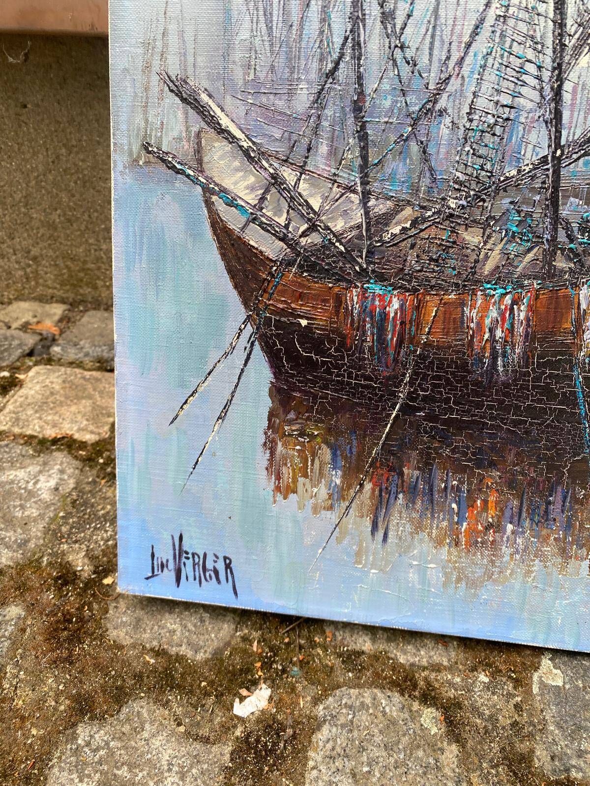 Oil painting on canvas by Luc Verger, boats, 90x60cm.