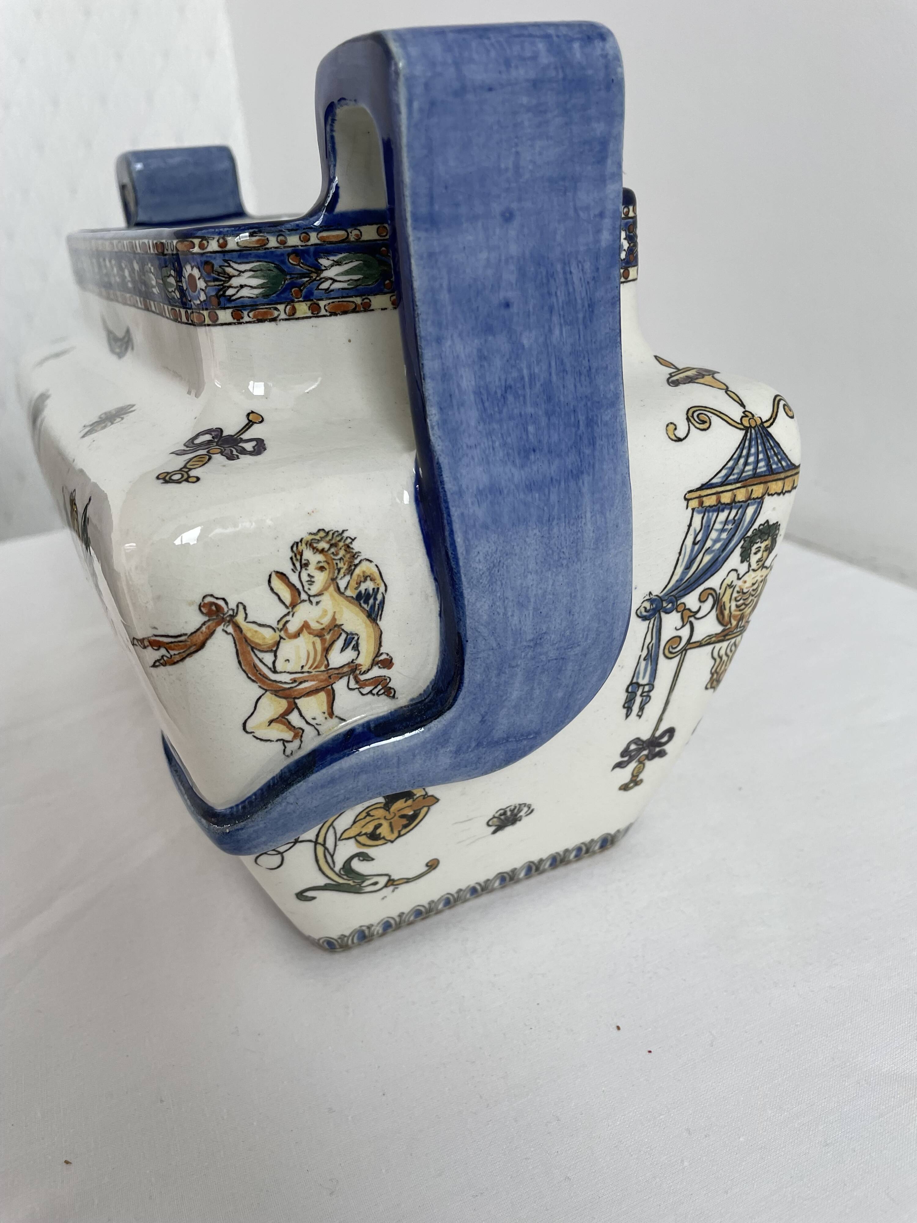 Planter, cache pot, Gien earthenware, rich decoration, Italian Renaissance, winged angel, antique decoration