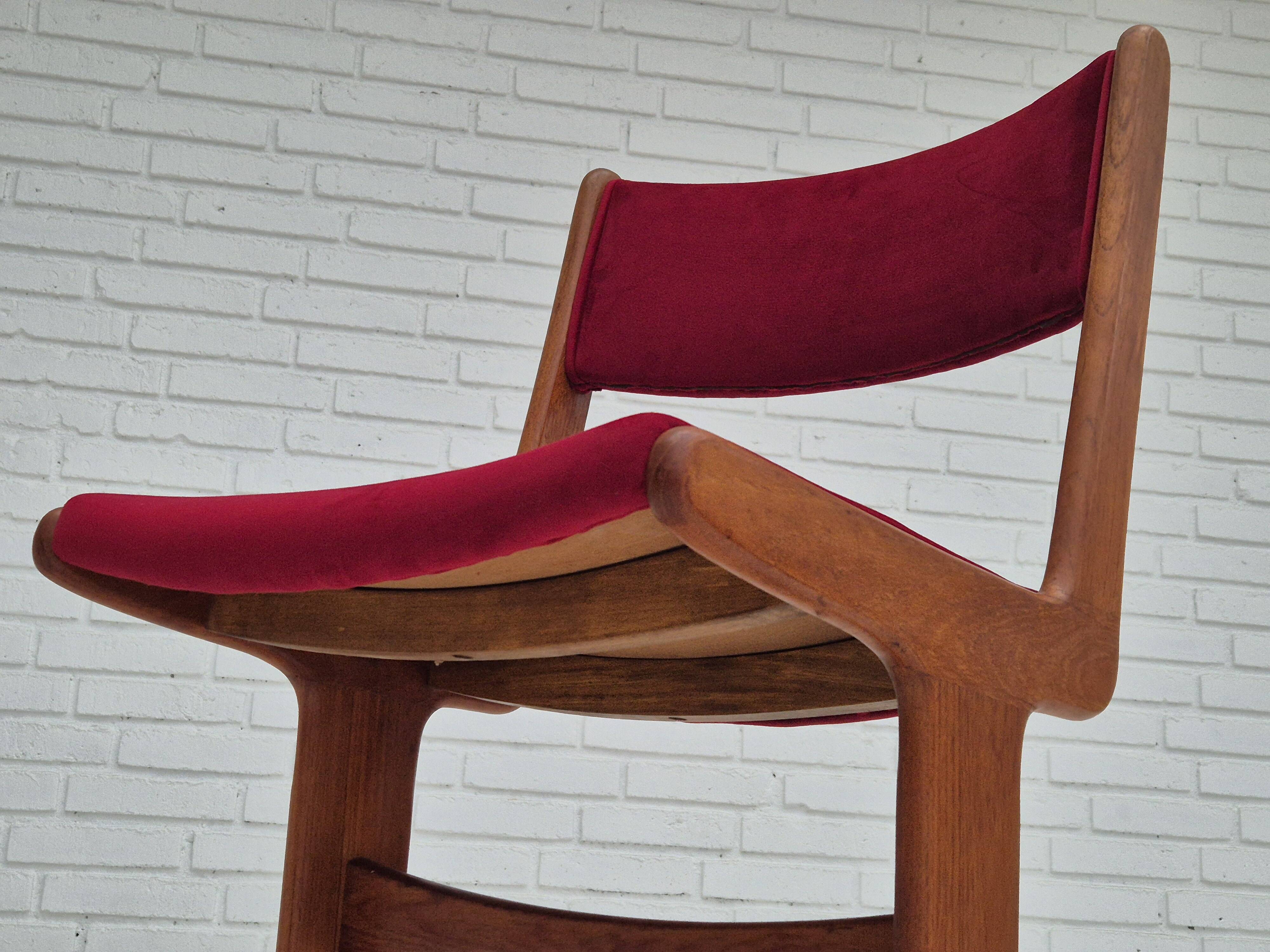 1970s, set of 4 reupholstered Danish chairs, Farsø Møbelfabrik, teak wood, furniture velour.