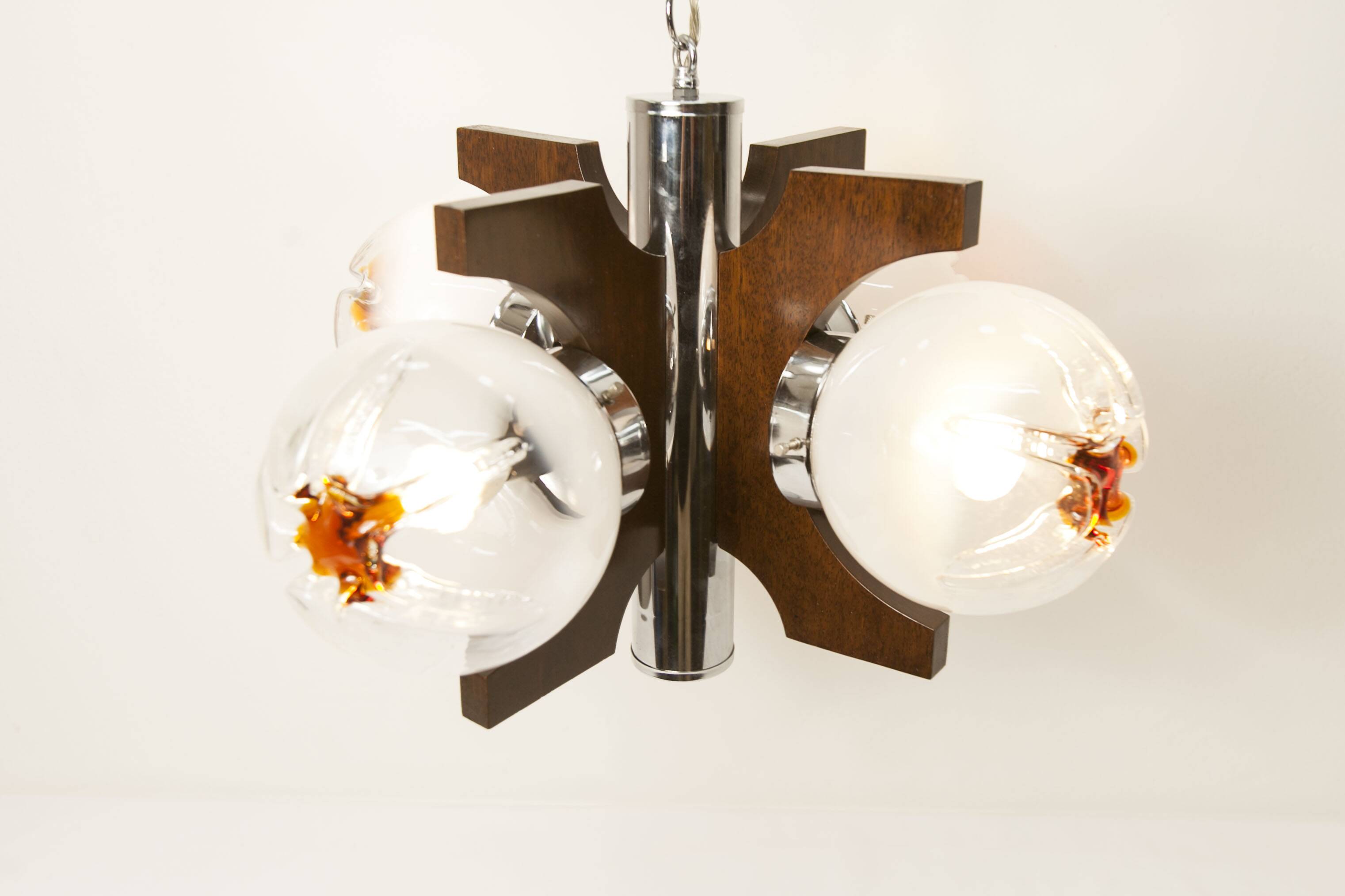 Mazzega Murano chandelier with 4 balls and teak, 1960