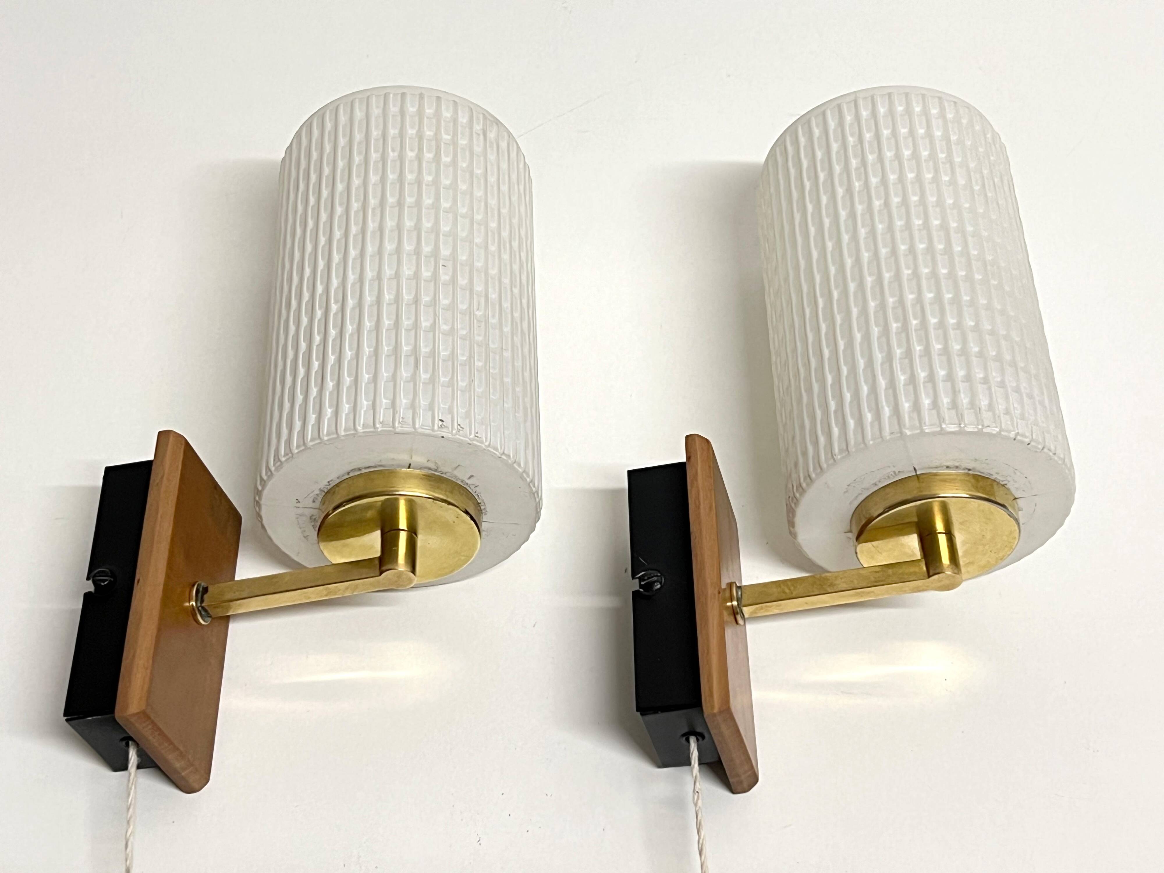 Pair of Scandinavian Wall Lights - Opaline Brass Wood - 50's 60's