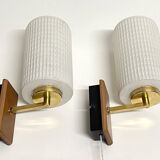 Pair of Scandinavian Wall Lights - Opaline Brass Wood - 50's 60's