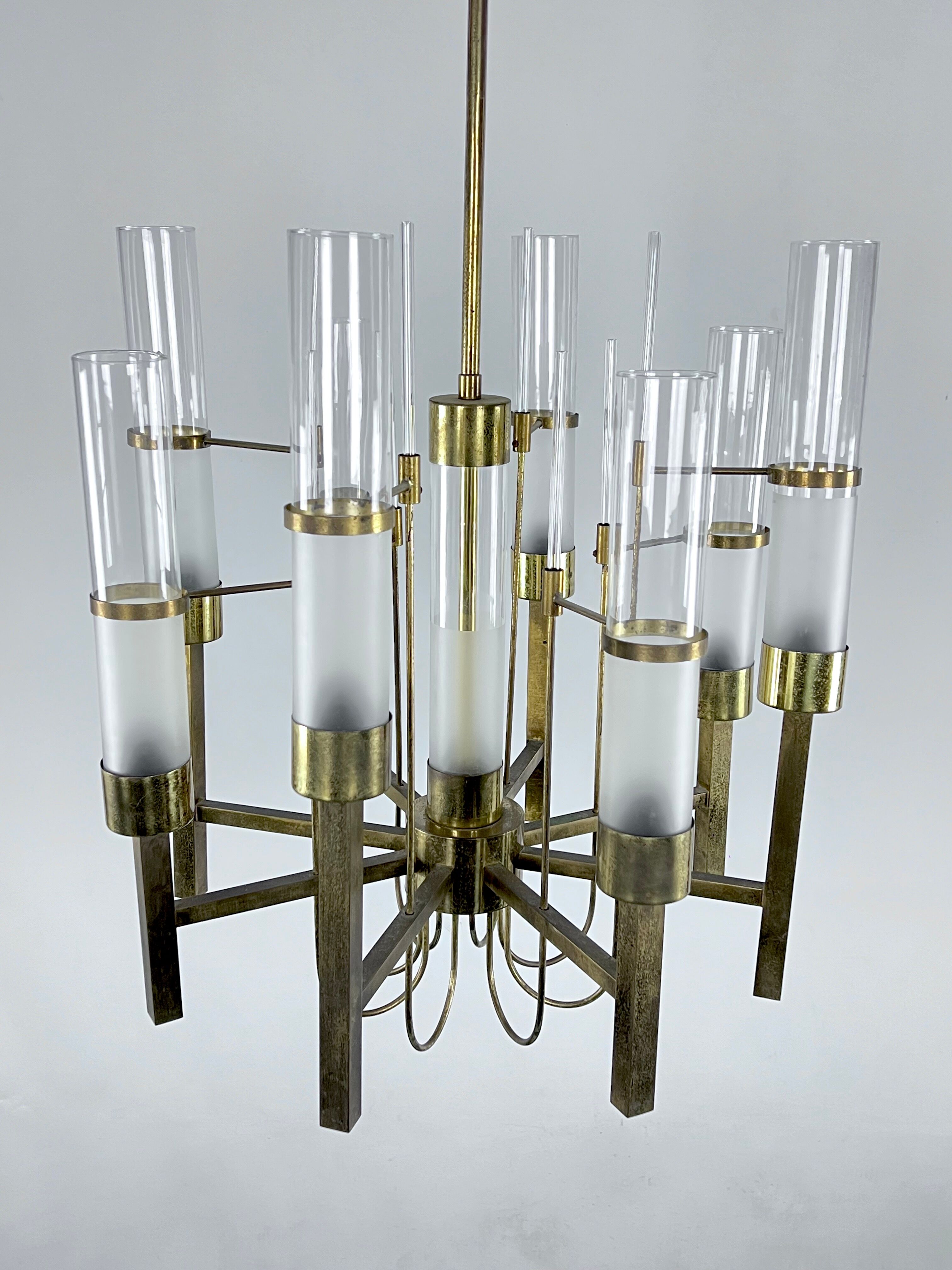 Sciolari, eight arms brass and glass tube chandelier. Italy 1960s