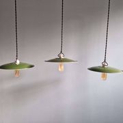 Trio of large industrial suspensions in green enamelled sheet metal.