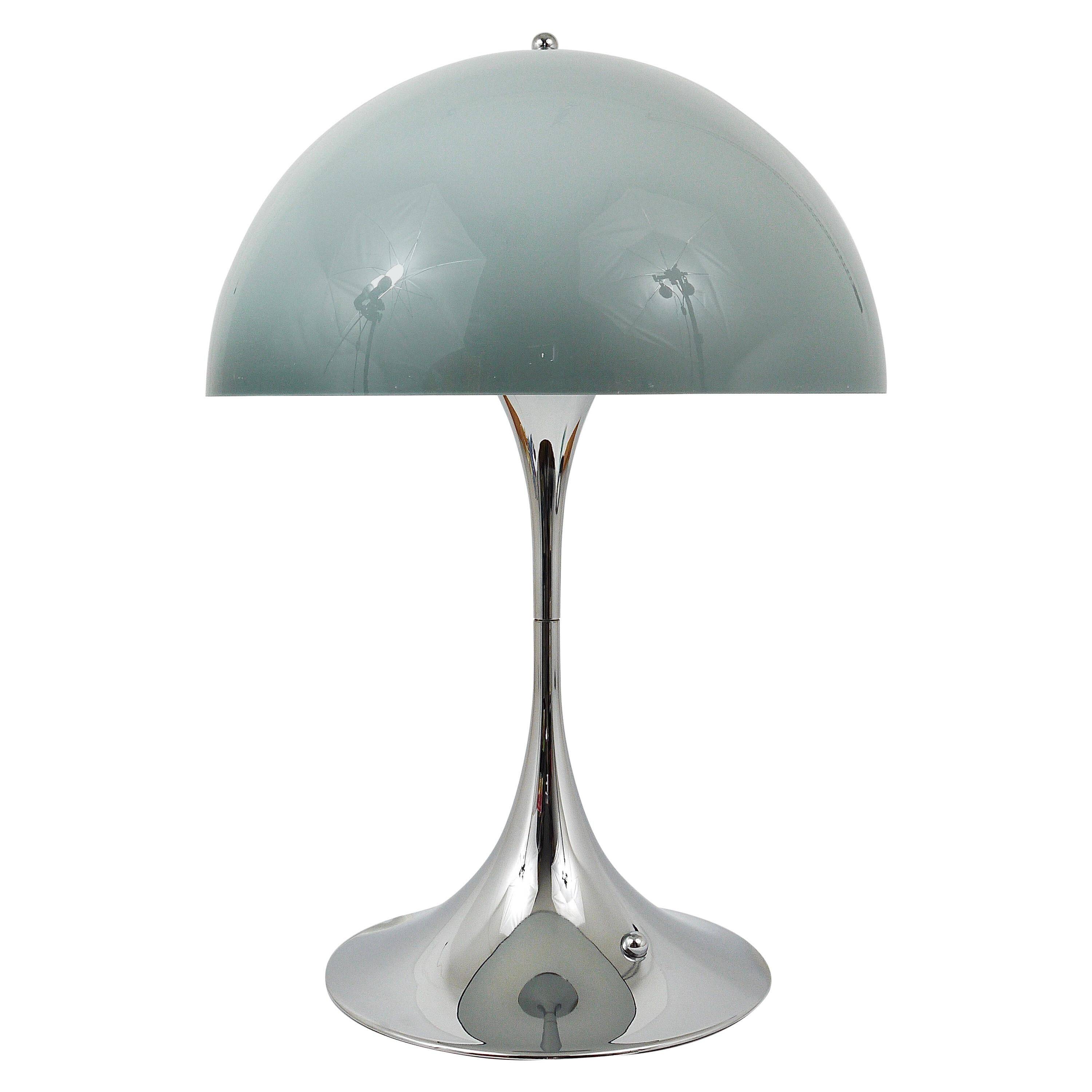 Rare Panthella table lamp by Verner Panton with a chrome base and grey shade.