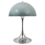 Rare Panthella table lamp by Verner Panton with a chrome base and grey shade.