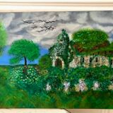 Tableau huile sur toile paysage église pointillisme ancien