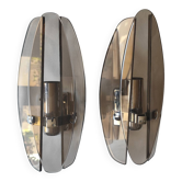 Two vintage smoked glass wall lights