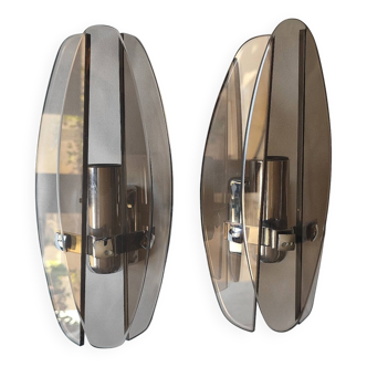 Two vintage smoked glass wall lights