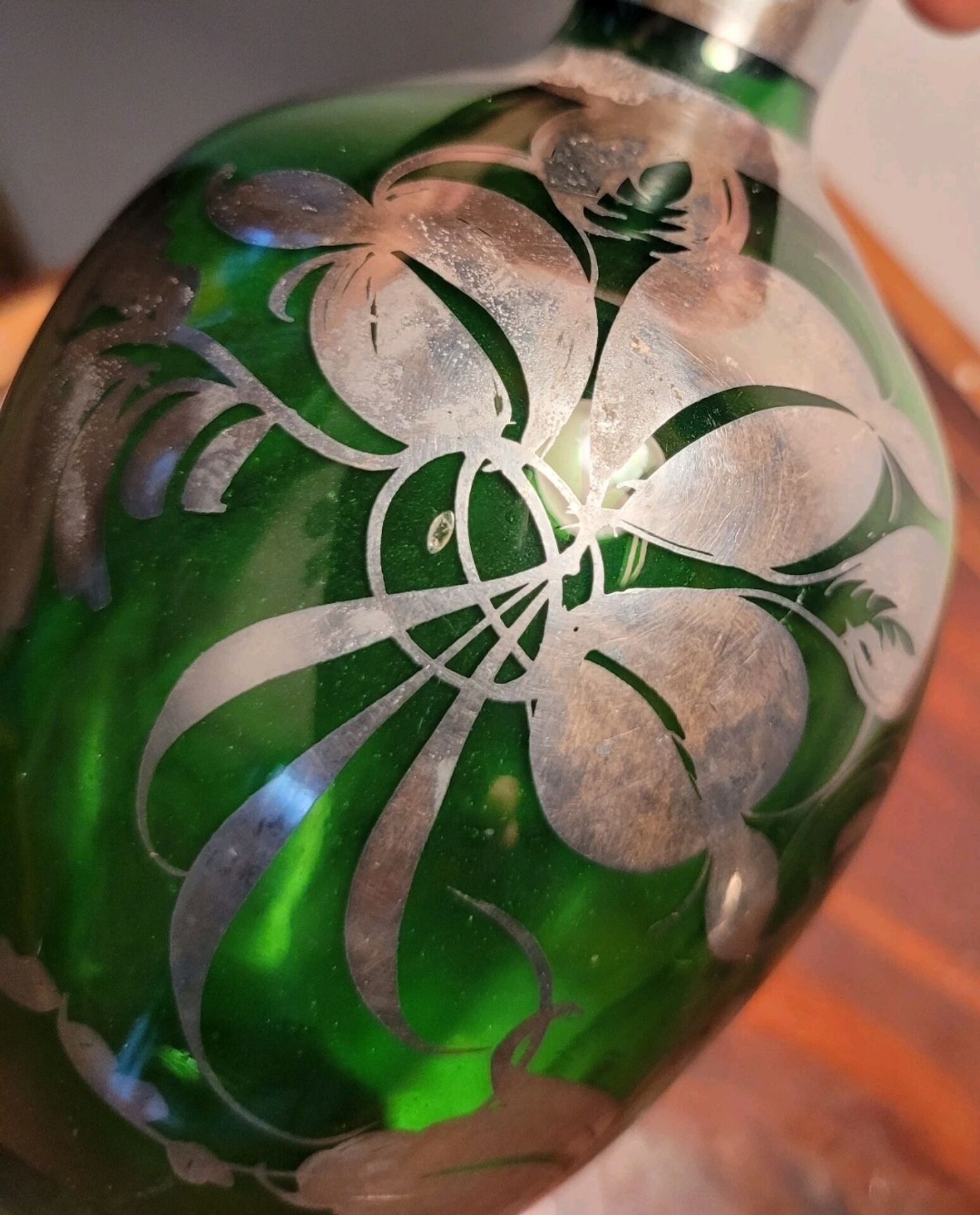 Murano glass alcohol bottle green & silver 1930s - 1940s.