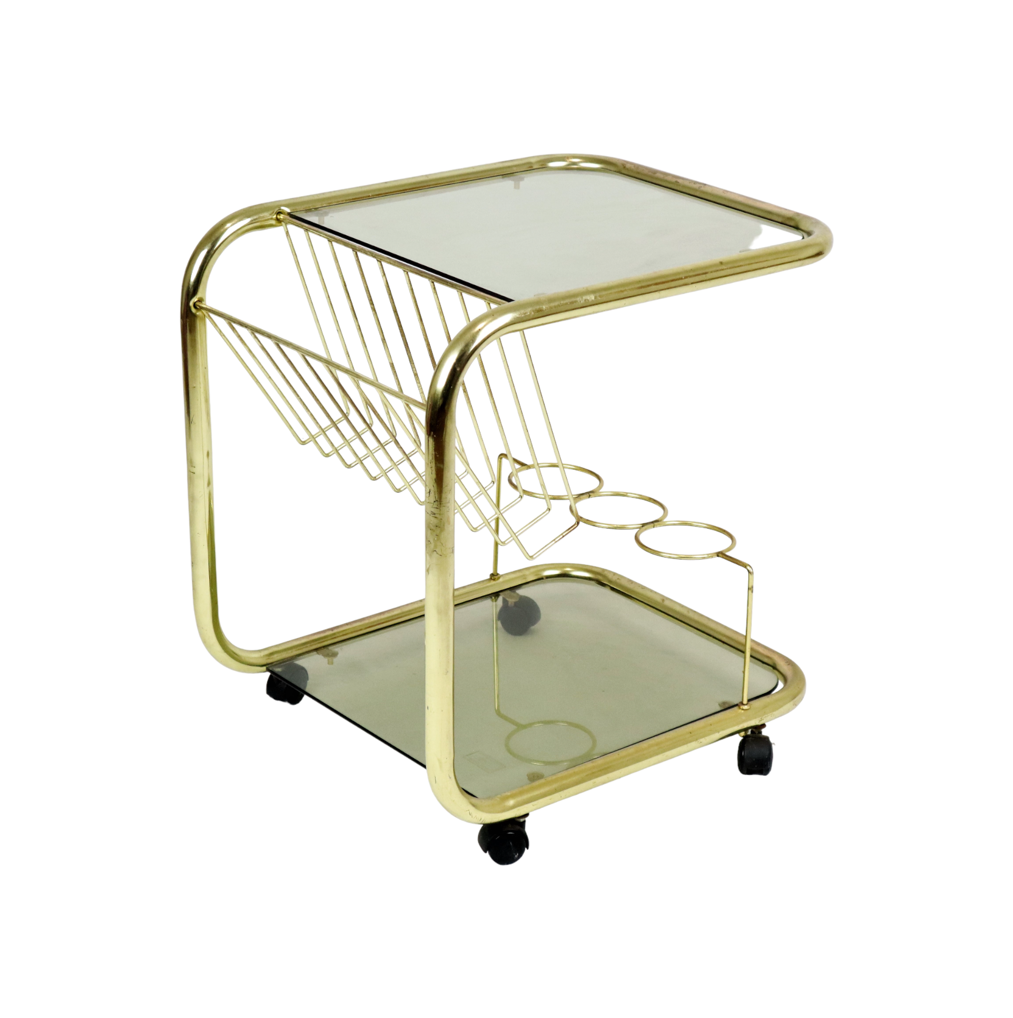 Vintage smoked glass trolley bar magazine rack side table milo baughman style italy 53cm