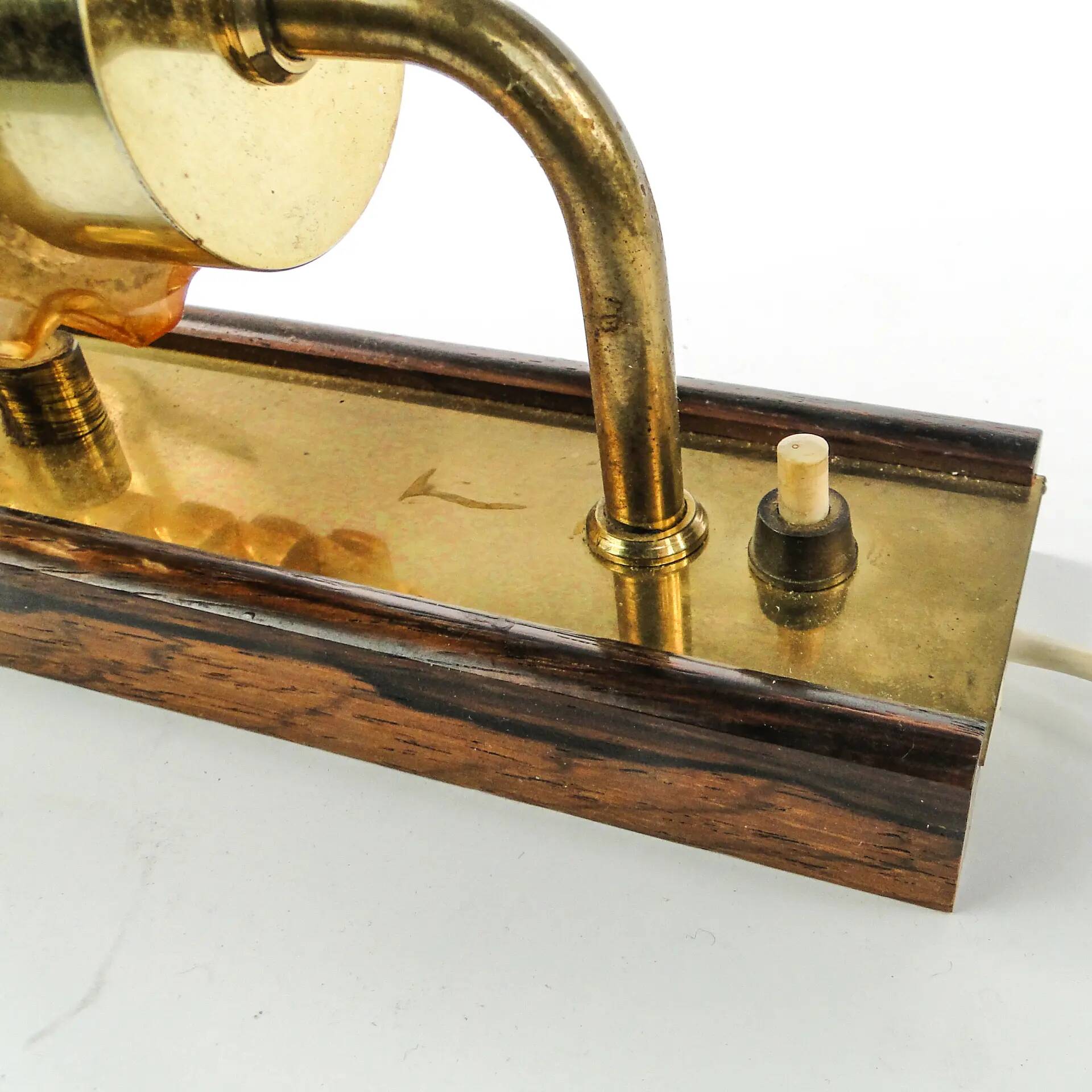 Postmodernist wall lamp, brass, walnut, glass, Germany, 1970s
