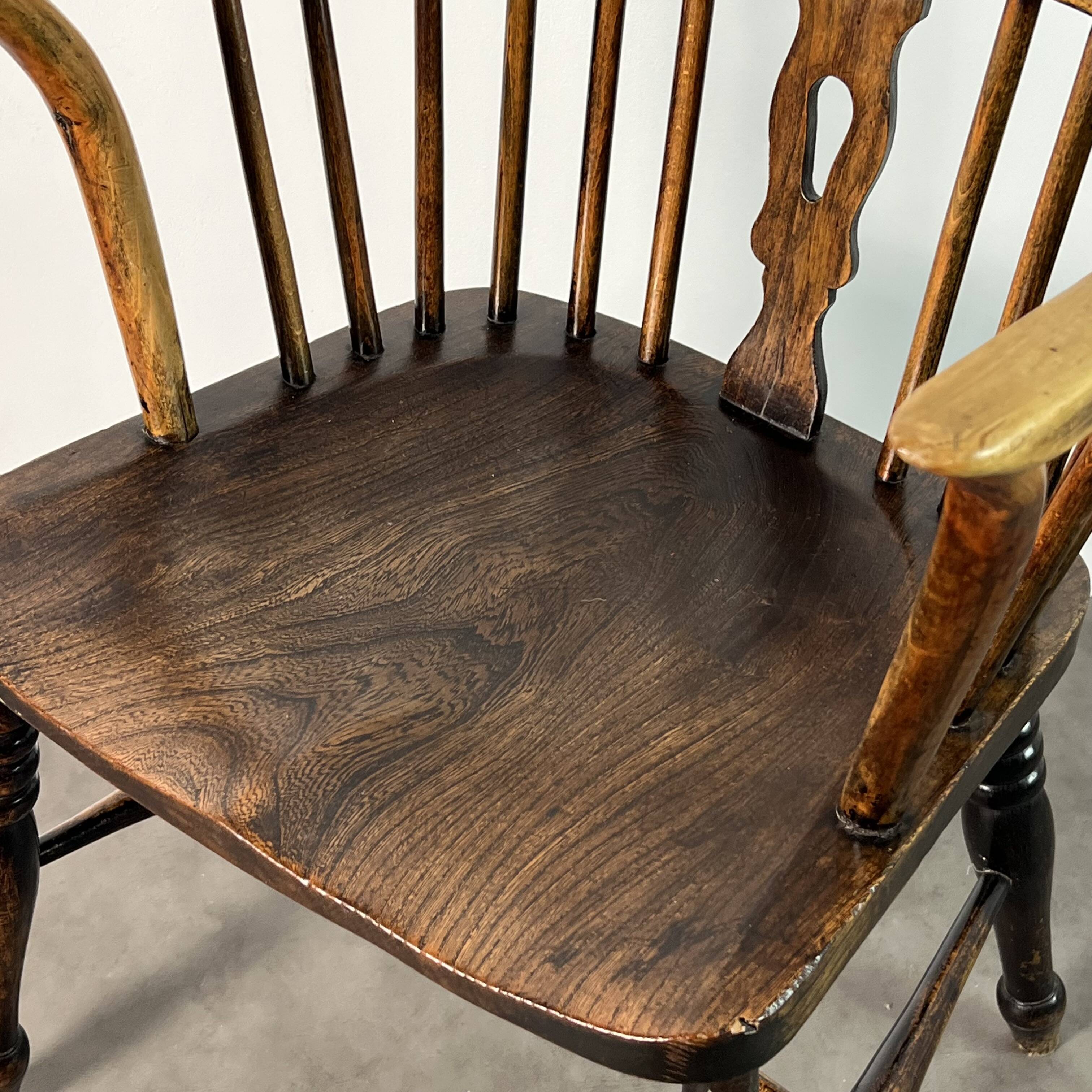 Windsor Low Back Armchair - Solid Elm with Curved Back, 19th Century