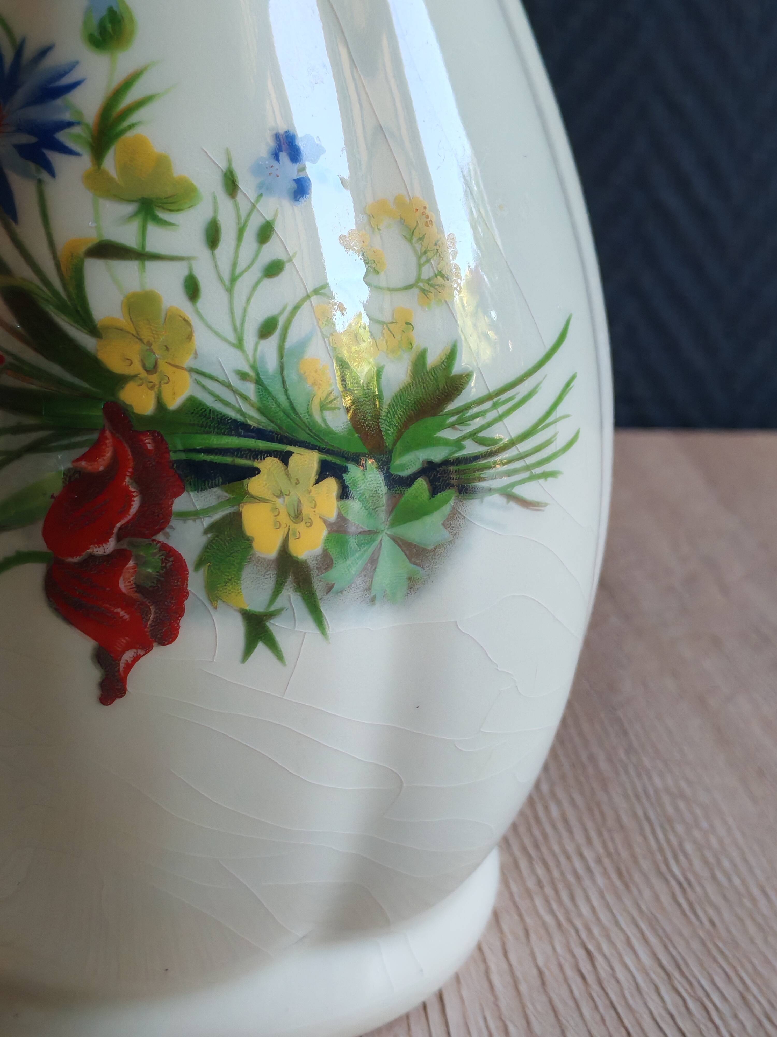 Vintage White Broken Ceramic Vase with Floral Pattern, Ribbed Vase