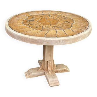 Table à manger Barrois ronde vintage rénovée en chêne massif et céramique