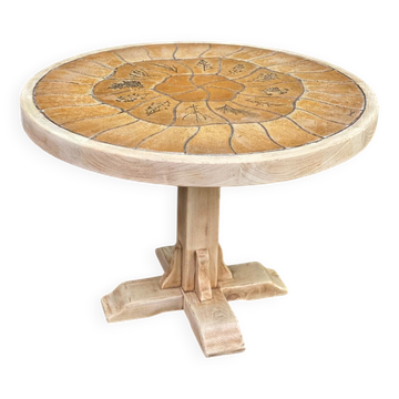 Vintage round Barrois dining table renovated in solid oak and ceramic