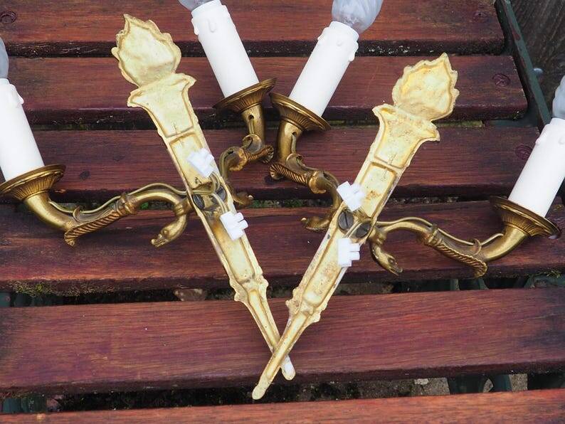 Vintage French Empire Sconces: Gilt Bronze, Salmon Column Double Arm Light