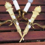 Vintage French Empire Sconces: Gilt Bronze, Salmon Column Double Arm Light