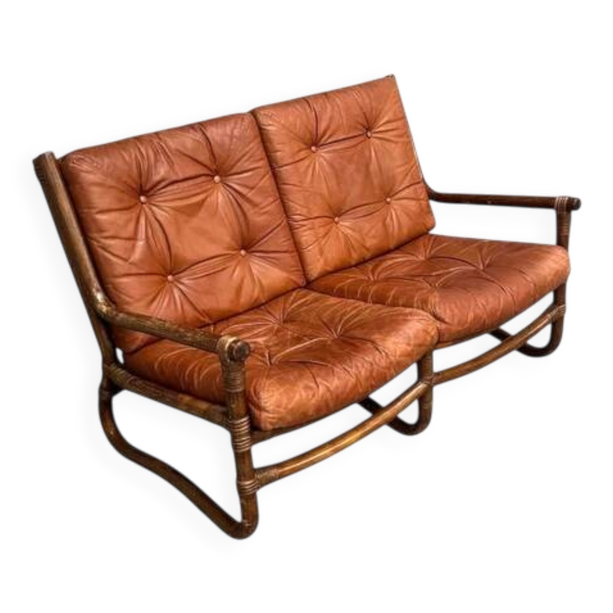 Canapé vintage en bambou et cuir, années 1970