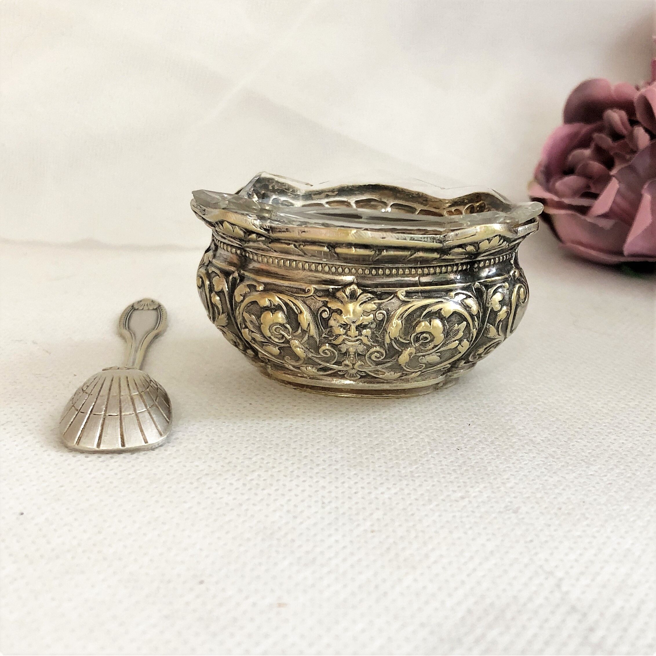 Silver metal salter and glass with salt shovel