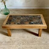 Brutalist coffee table in solid oak and marble, 1970s